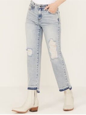 Women's Light Blue Distressed Straight Leg Jeans